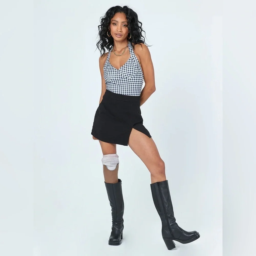 Princess Polly June Gingham Bodysuit Halter Tie Black White Check
